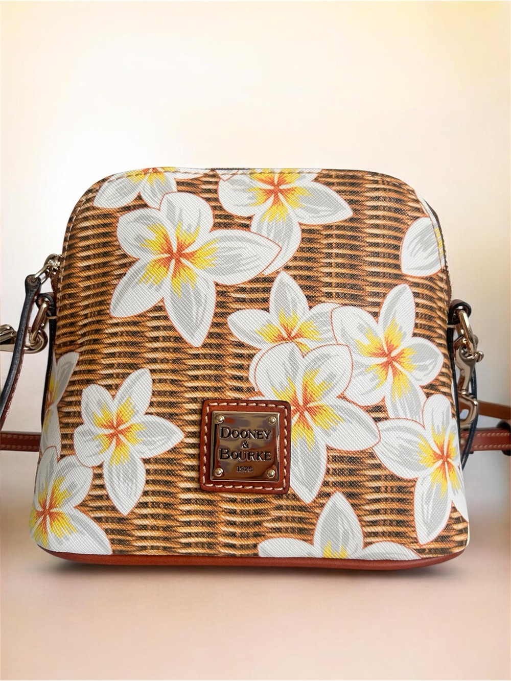 Dooney & Bourke Brown Woven Plumeria Crossbody with White and Yellow Flowers